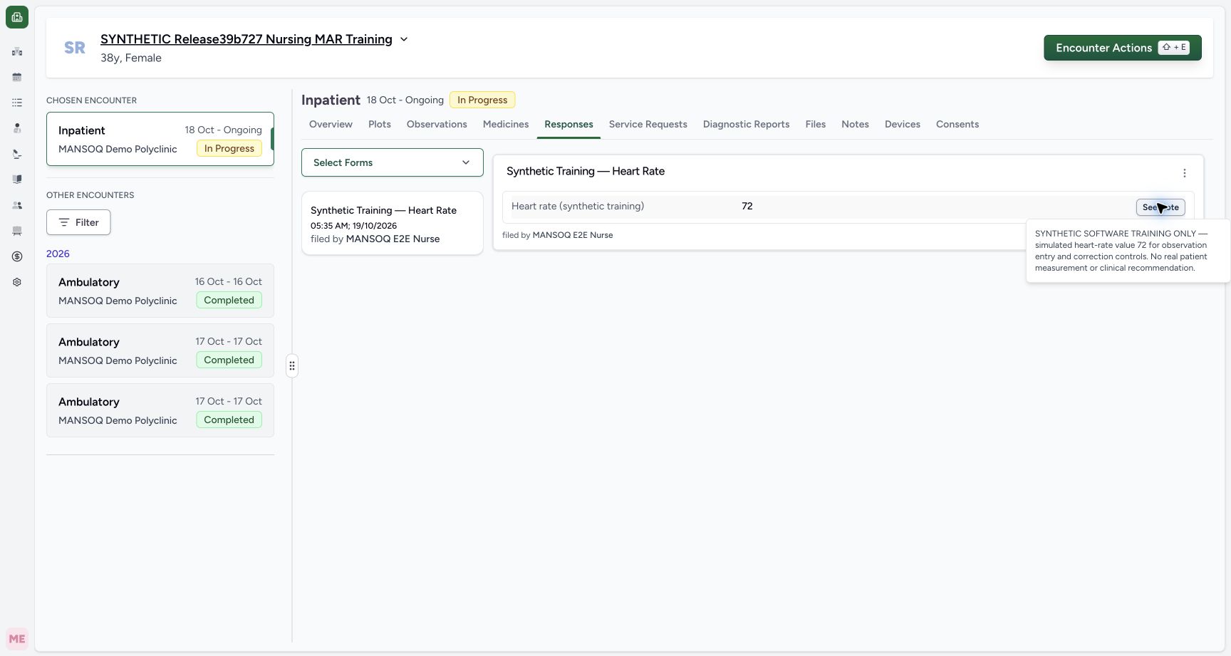 Review the retained observation note. Actual MANSOQ wide desktop with a fictional training case.