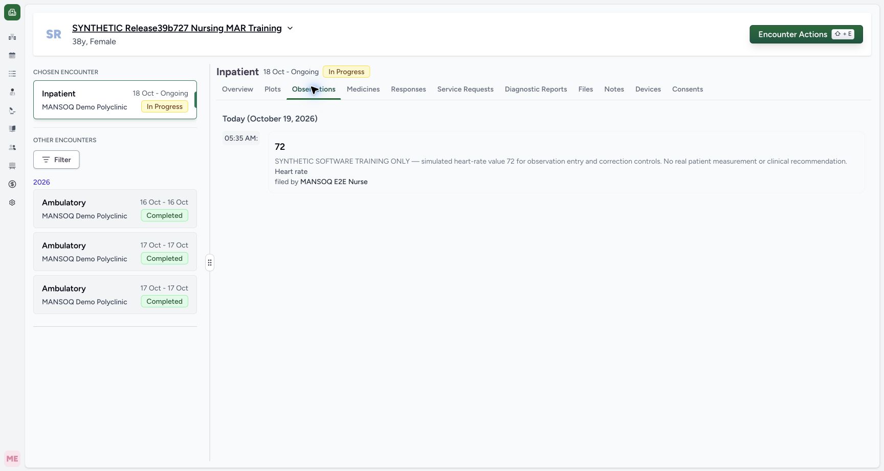 Read the saved observation’s value, time and author. Actual MANSOQ wide desktop with a fictional training case.