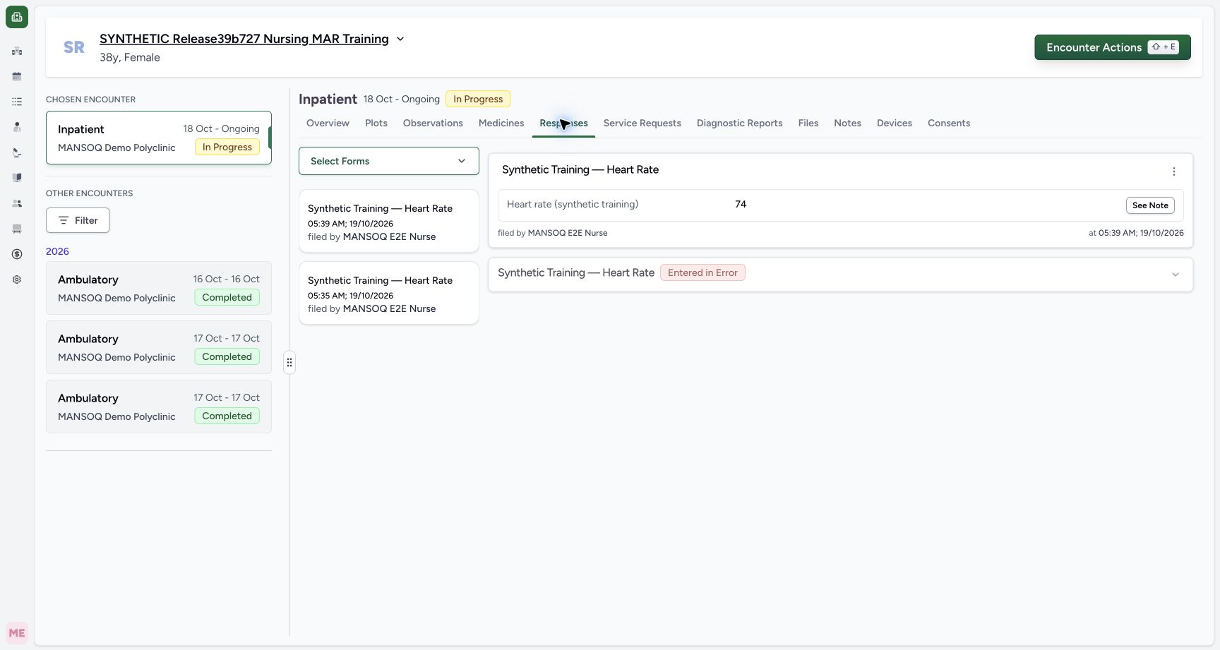 Verify the new response alongside the retained error record. Actual MANSOQ wide desktop with a fictional training case.