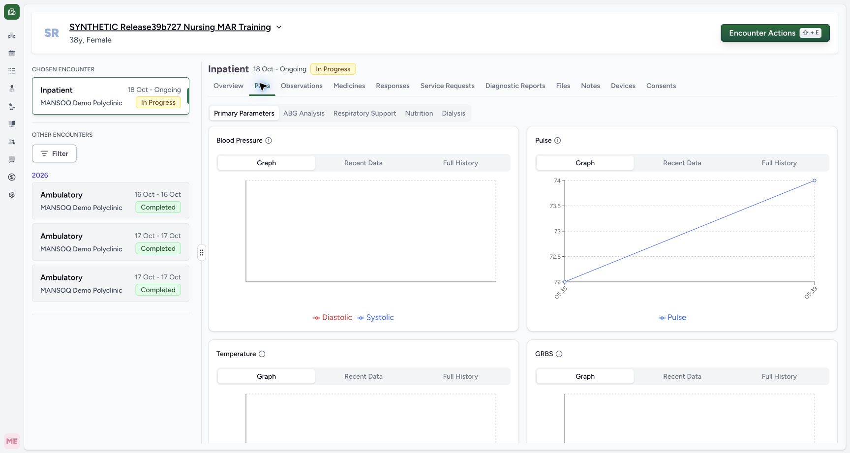 Verify both retained points in the Pulse graph. Actual MANSOQ wide desktop with a fictional training case.