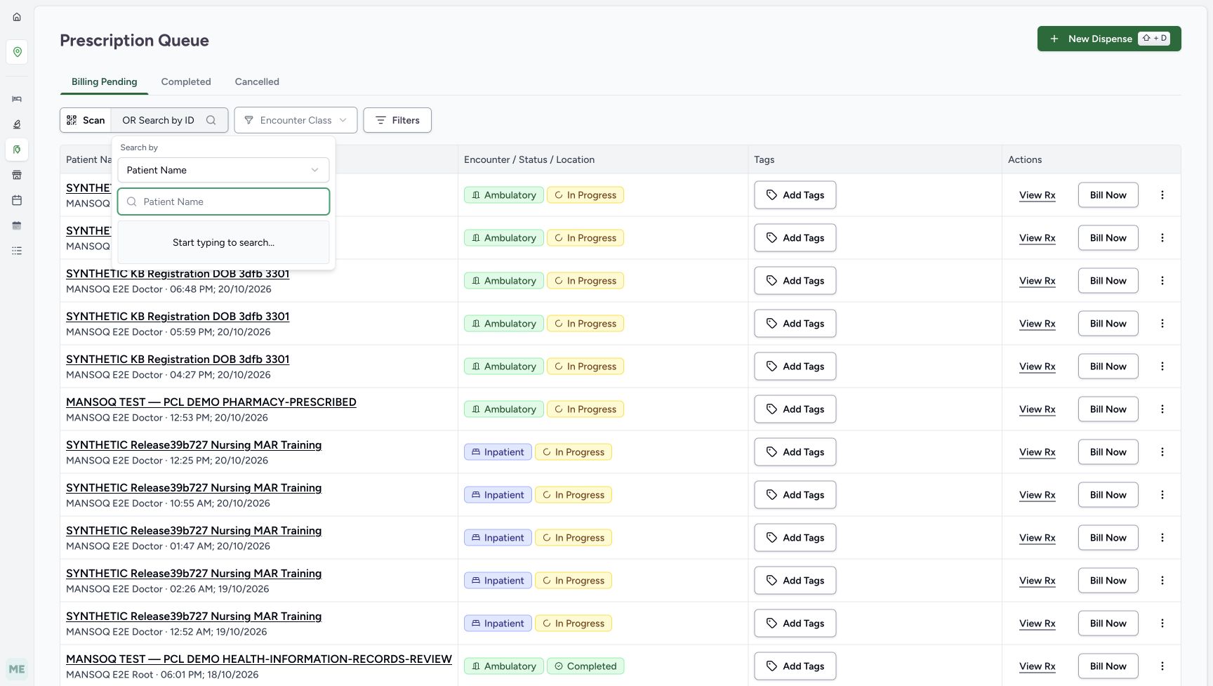 Prescription Queue is on Billing Pending. The open patient search shows Search by Patient Name and an empty Patient Name input, with the wider synthetic queue behind it.