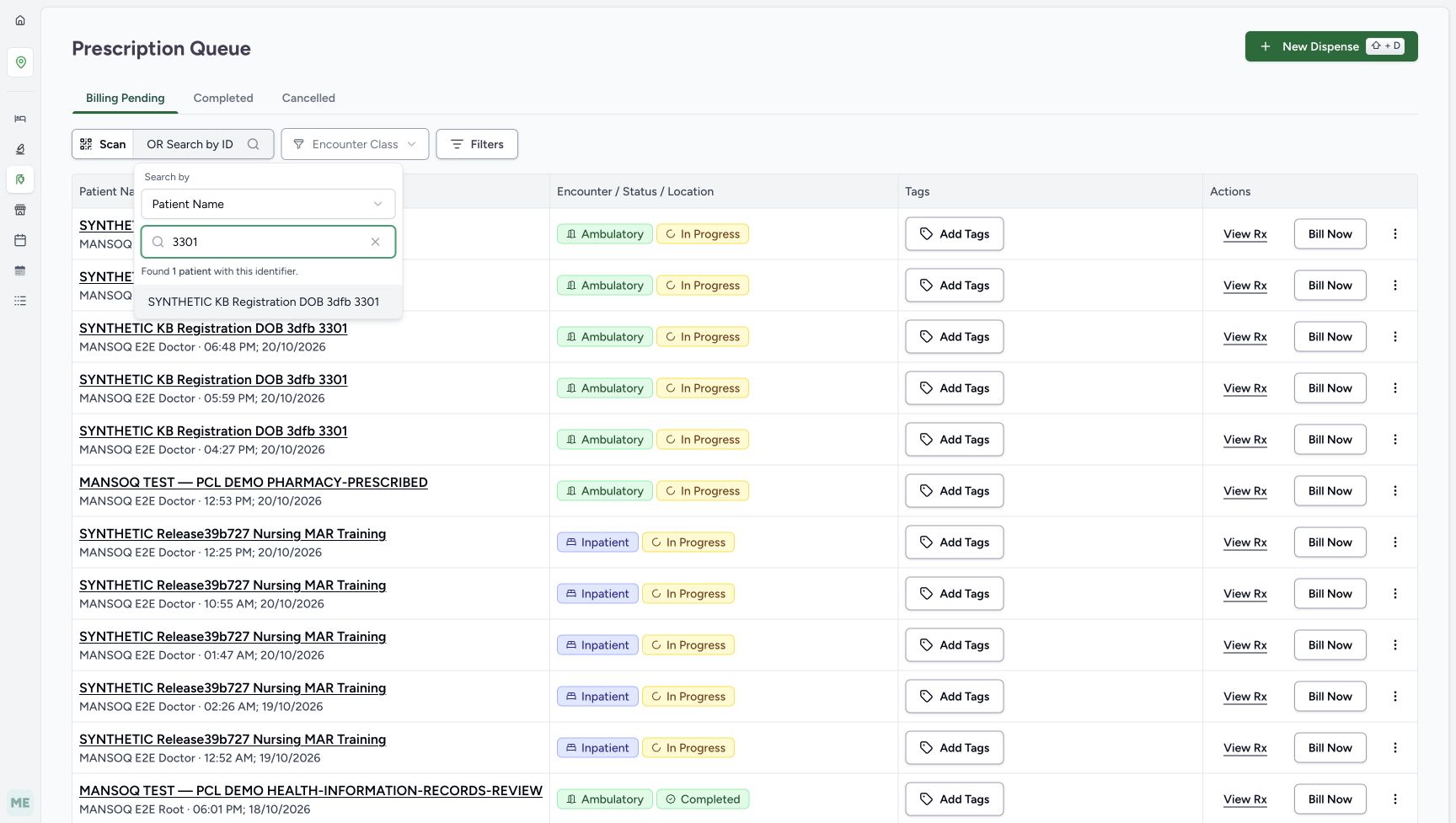 With Patient Name selected, searching 3301 returns one result named SYNTHETIC KB Registration DOB 3dfb 3301. The original queue is still visible behind the popup.