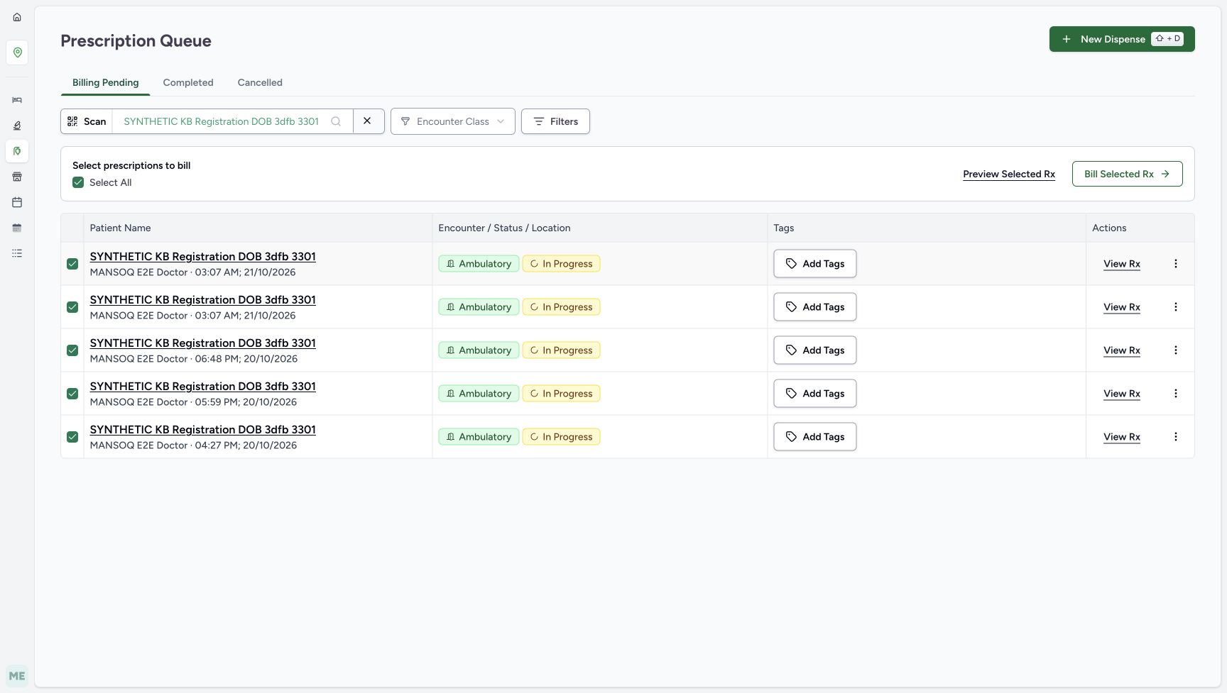 The patient chip retains SYNTHETIC KB Registration DOB 3dfb 3301. Billing Pending shows five existing prescriptions with Ambulatory and In Progress encounter badges, and their checkboxes are selected automatically.