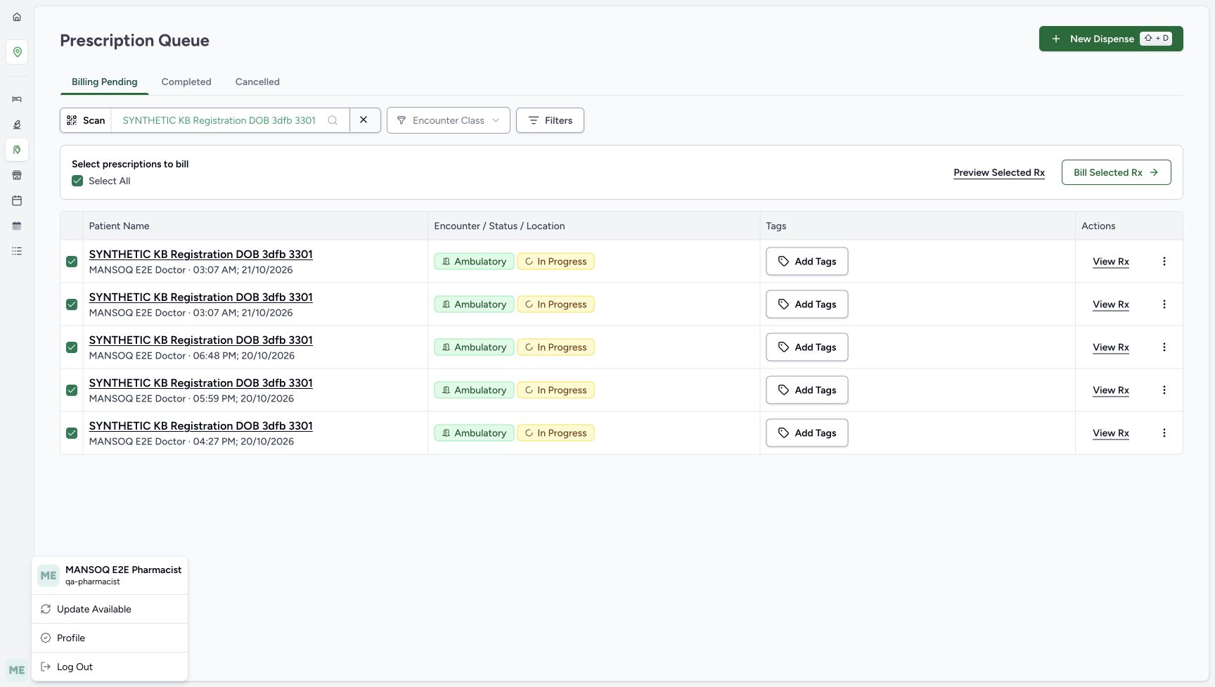 The account menu shows MANSOQ E2E Pharmacist and qa-pharmacist over the same five-row synthetic patient queue.