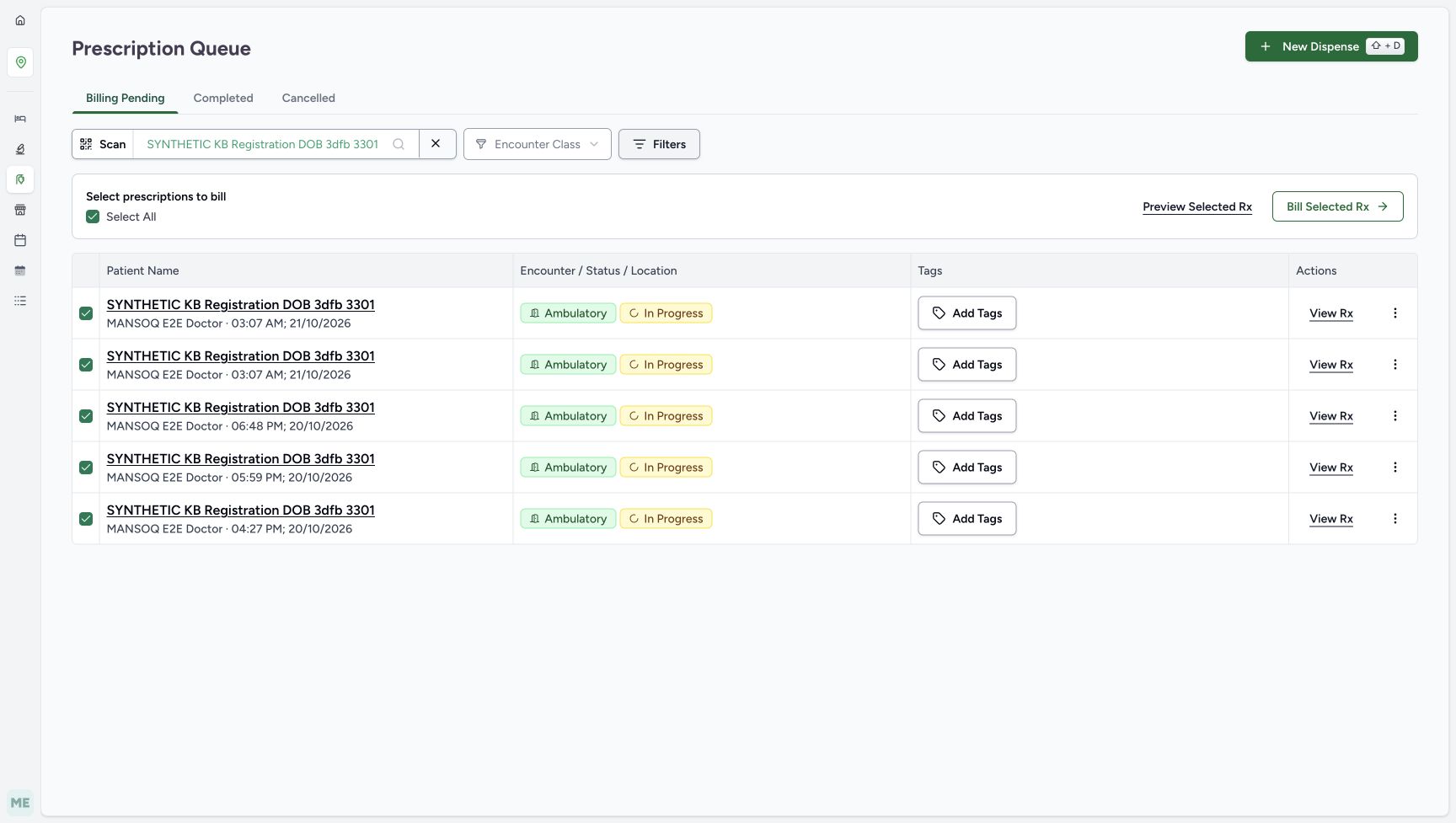 After the Encounter Class X is used, its field returns to the unselected placeholder. The same full patient selection, Billing Pending tab and five existing prescription rows remain.