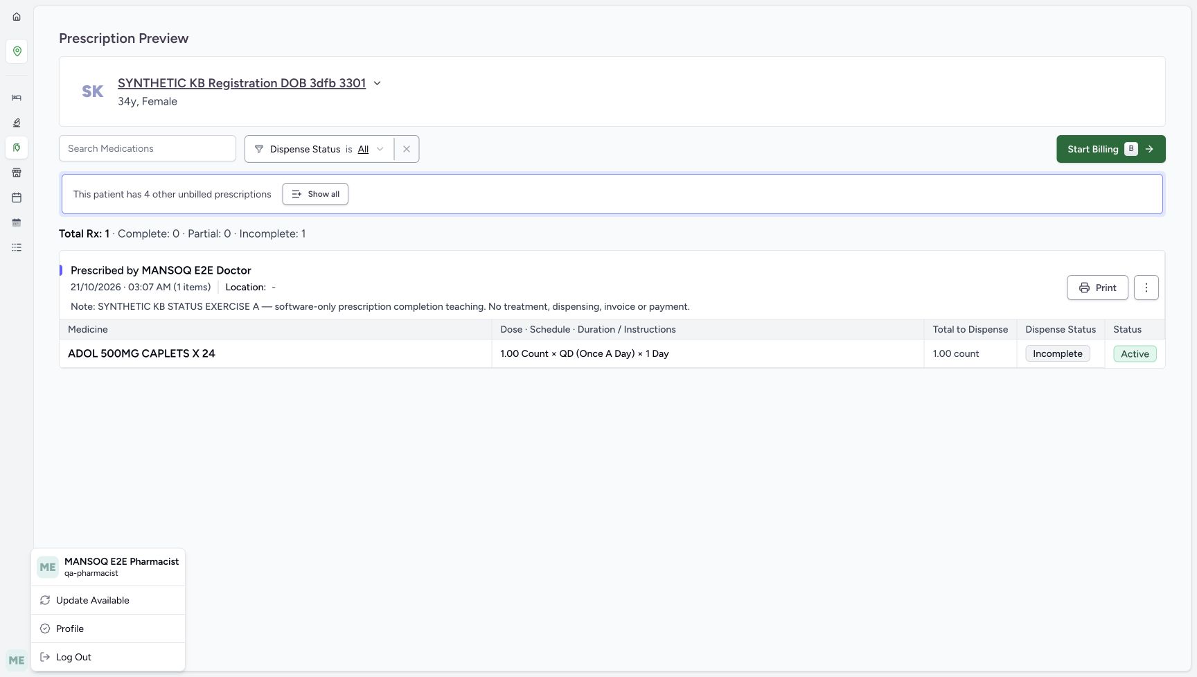 The account menu identifies MANSOQ E2E Pharmacist and qa-pharmacist while the existing A prescription preview remains open.