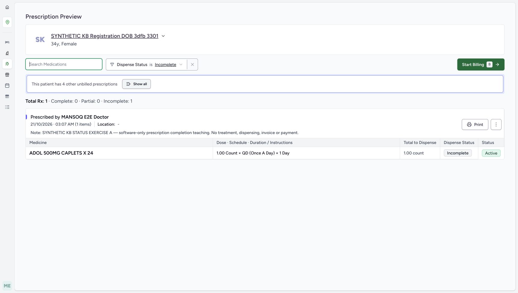The empty Search Medications field retains Incomplete and restores A’s ADOL row with its existing Incomplete badge.
