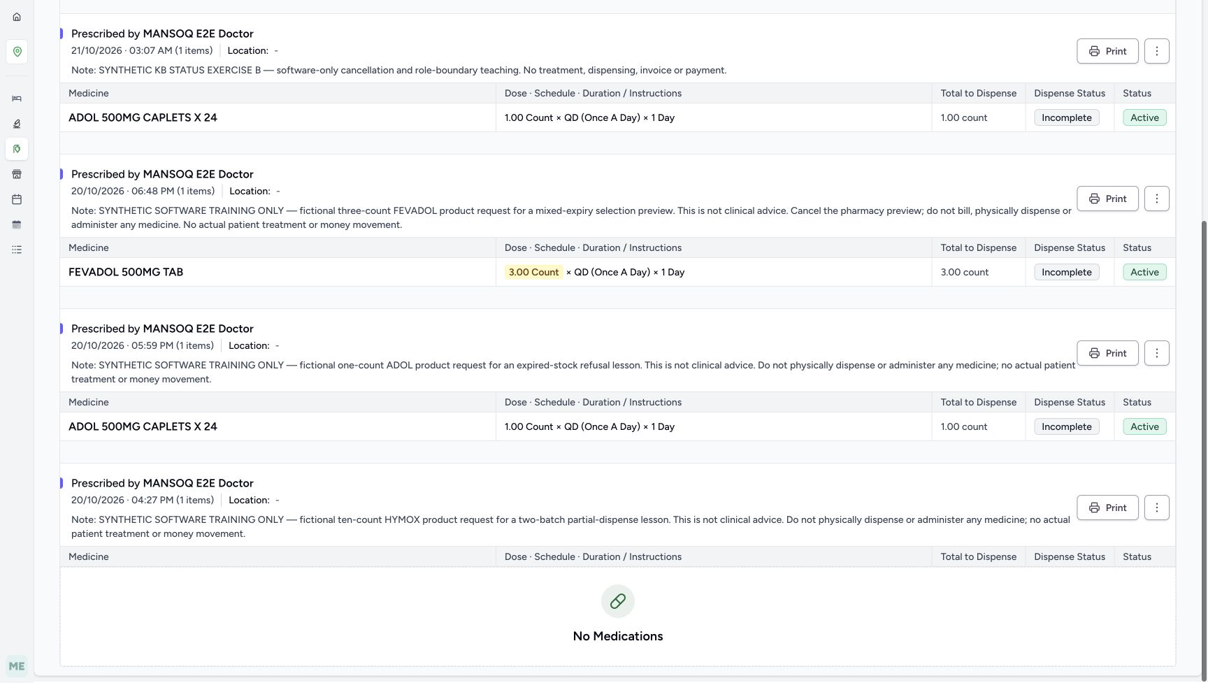 The lower view shows FEVADOL and the older ADOL medicine with Incomplete badges. The HYMOX header remains but its matching area says No Medications. The search and status controls are above this scrolled view.