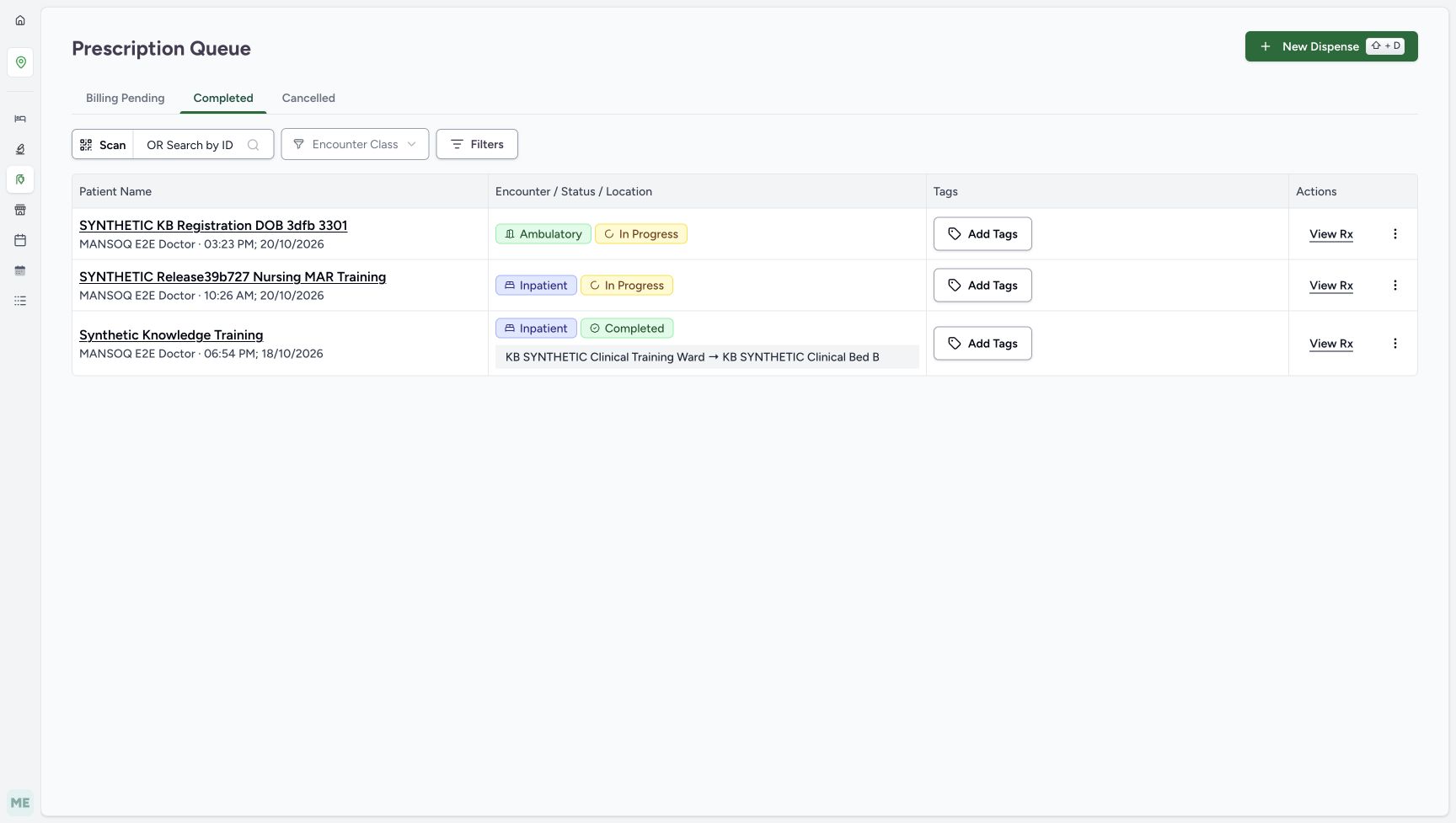The Completed queue has a first row for SYNTHETIC KB Registration DOB 3dfb 3301 prescribed at 03:23 PM on 20/10/2026, with its own View Rx link. The encounter is Ambulatory and In Progress.
