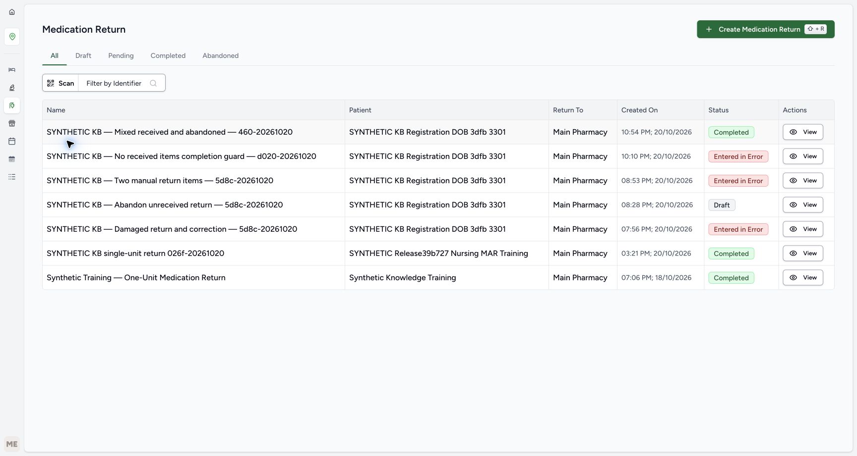 The Medication Return list shows earlier returns and a Create Medication Return button.