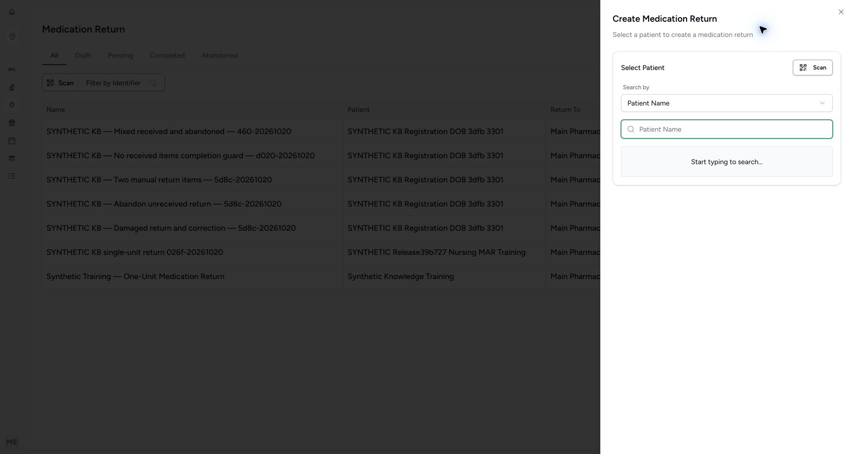 Create Medication Return begins with Select Patient and Patient Name search.