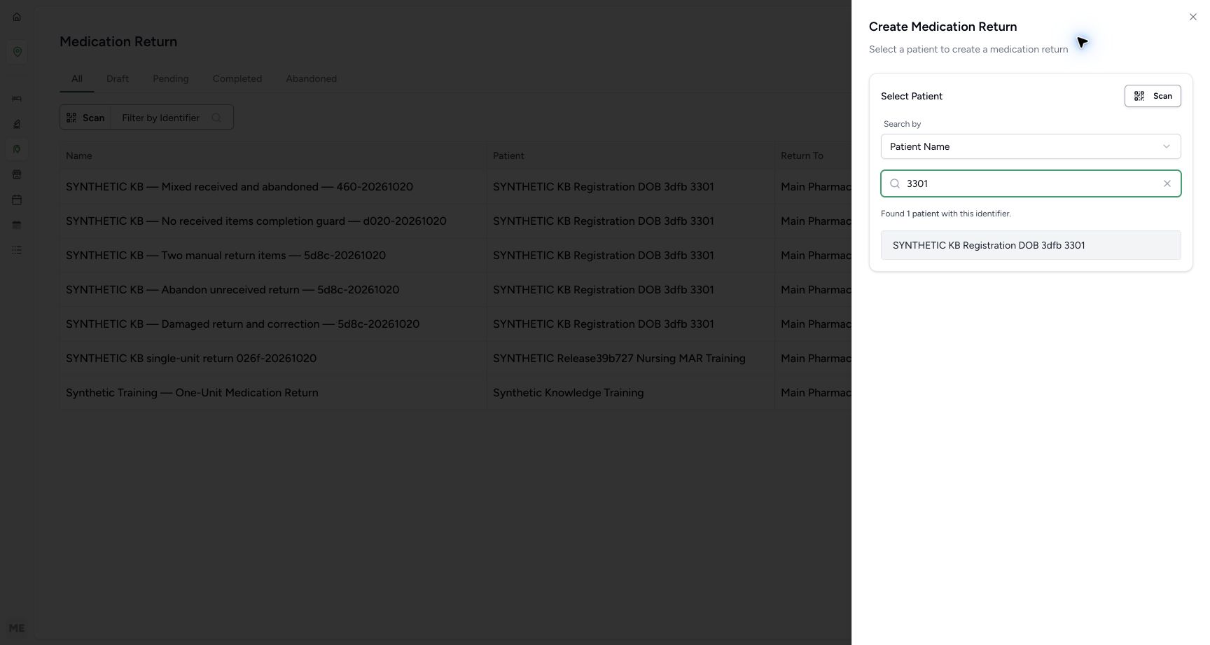 The search term 3301 has one result, SYNTHETIC KB Registration DOB 3dfb 3301.