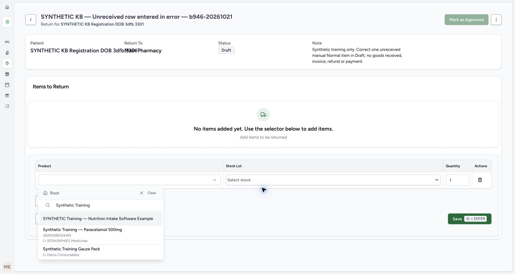 The manual Product picker is open at Root with Synthetic Training results, including Paracetamol 500mg code 06281086104491.