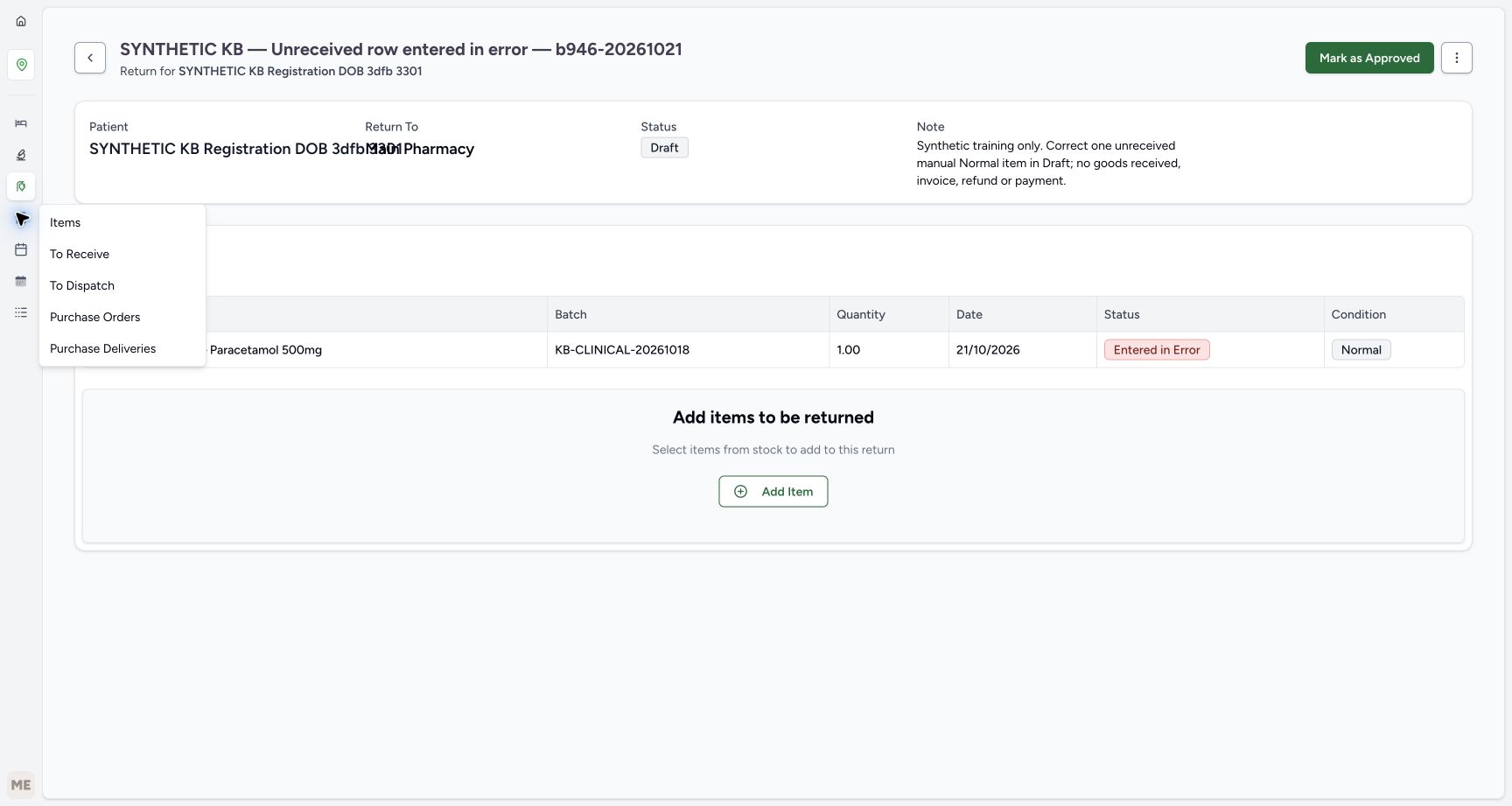 The Inventory flyout is open over the corrected Draft and includes Items.