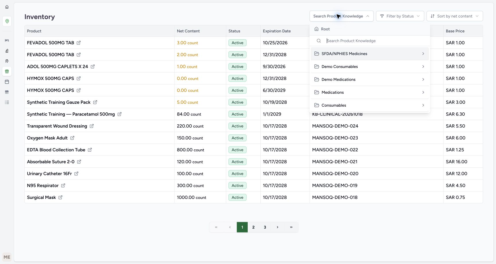 Search Product Knowledge is open at Root over the inventory list.