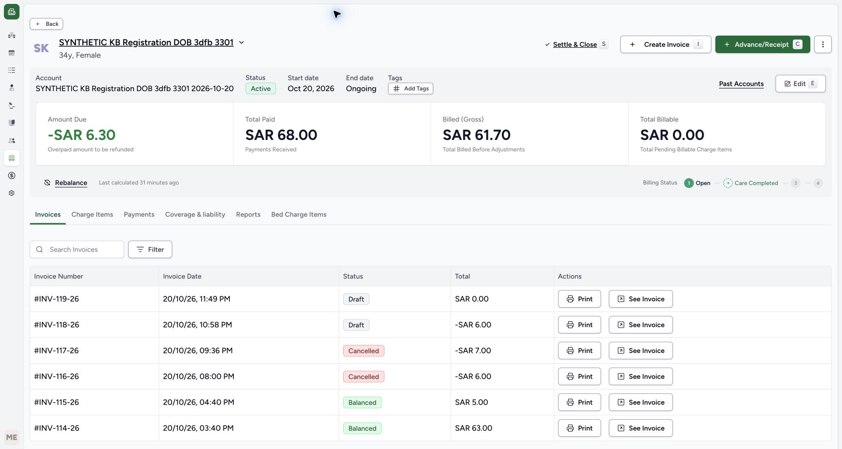 The previously verified existing account is open directly. It retains due minus SAR 6.30, paid SAR 68.00 and gross SAR 61.70, with the same six earlier invoices.