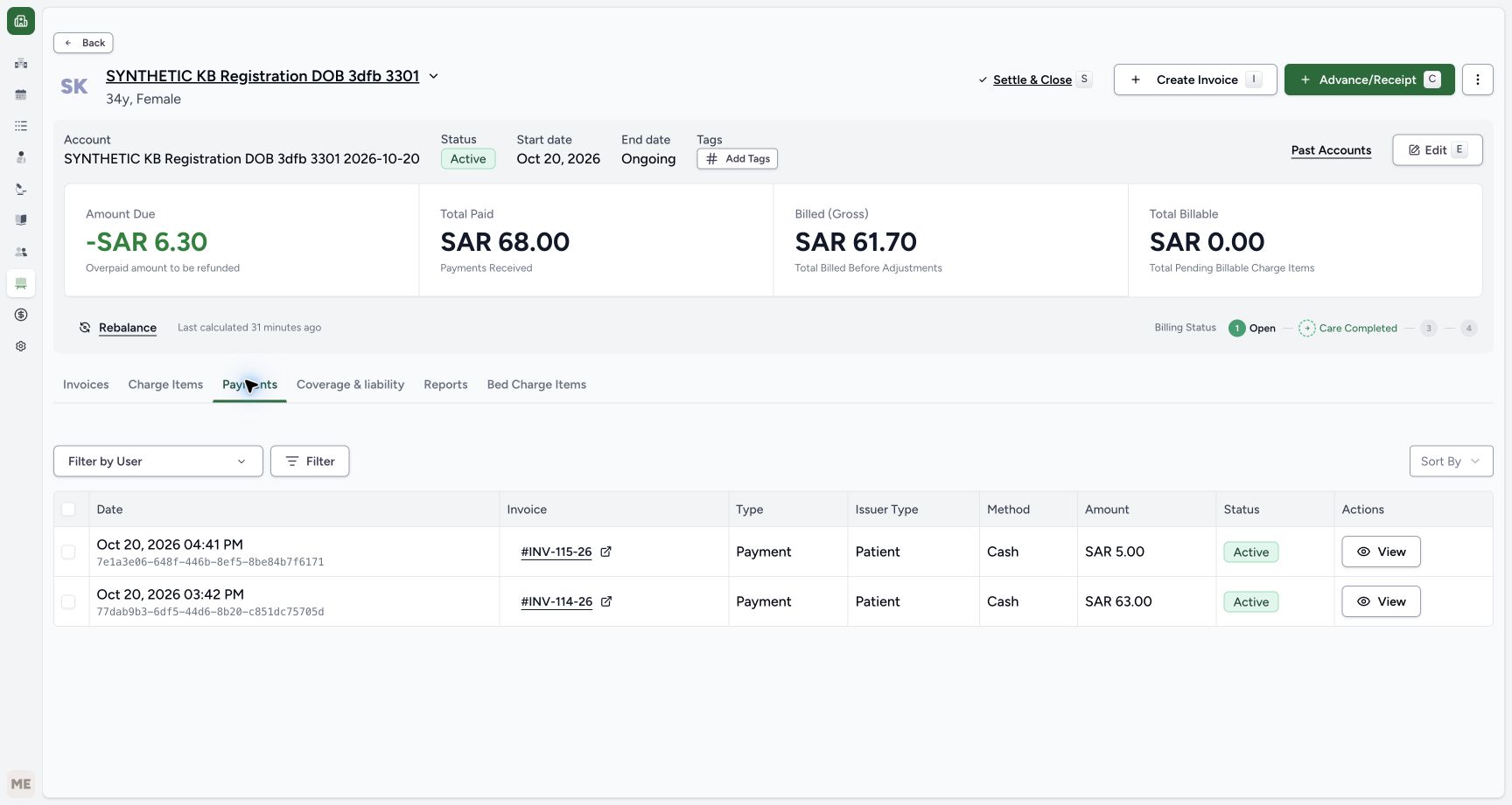 The Payments tab retains the two original active Cash entries of SAR 5.00 and SAR 63.00.