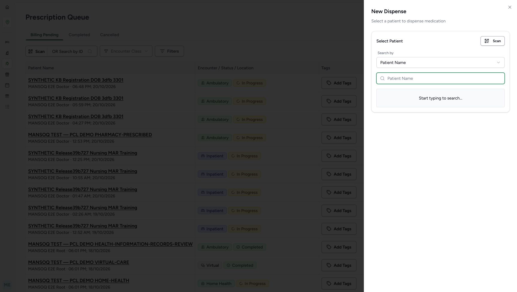 The New Dispense sheet is set to Patient Name search with an empty name field.