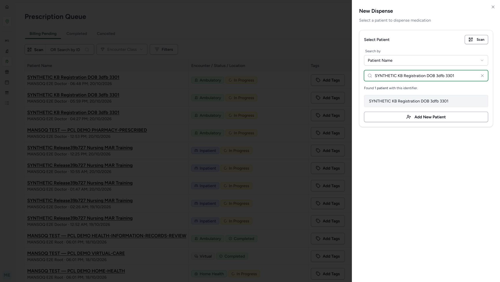 The entered name has one matching synthetic patient result in the New Dispense sheet.