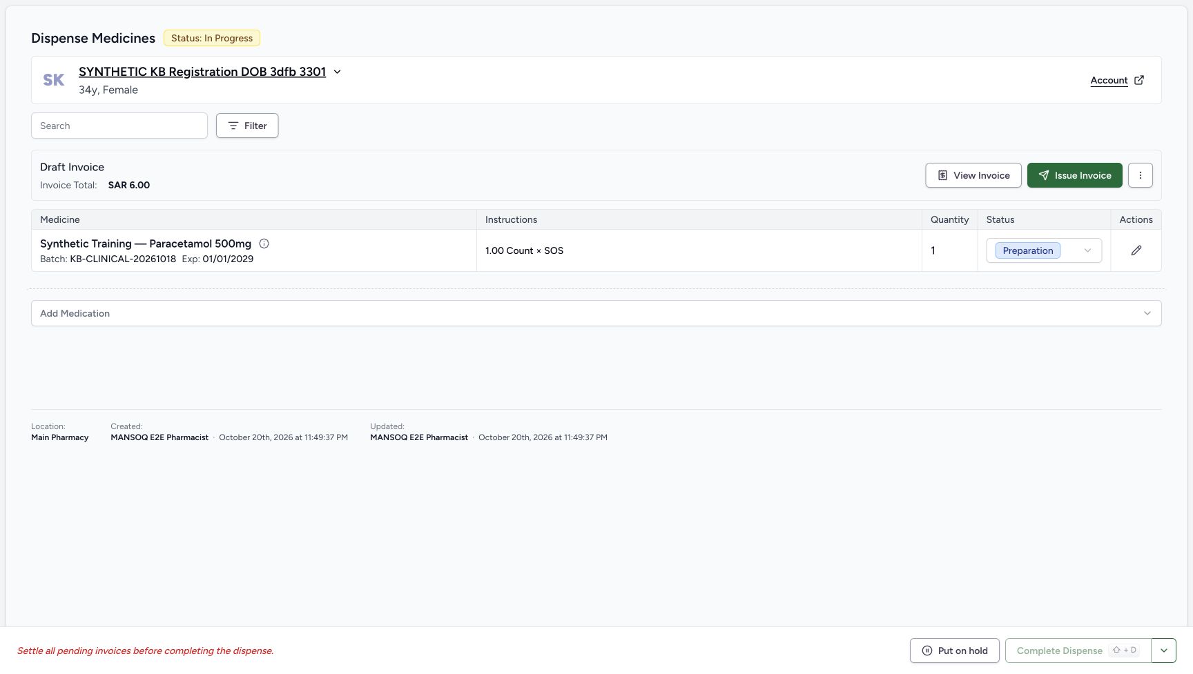 The saved order is In Progress with one Preparation row and a Draft invoice total of SAR 6.00. View Invoice and the footer status split-arrow are visible.