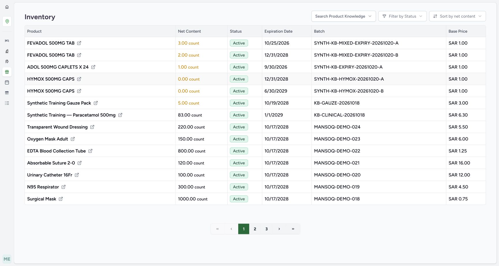 The Inventory page shows stock rows and a Search Product Knowledge control at the top.