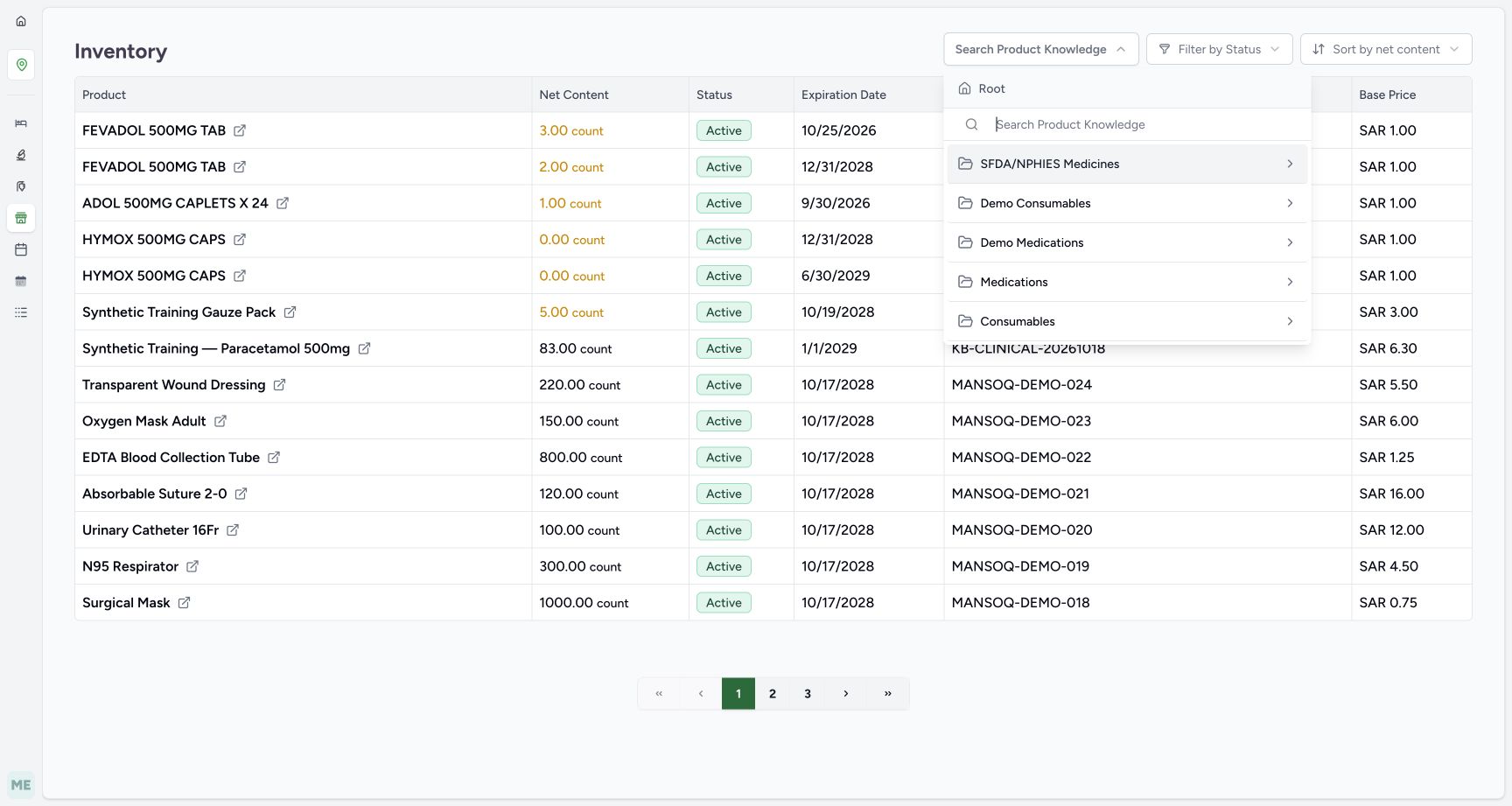 The inventory product picker is open at Root with an empty search field.