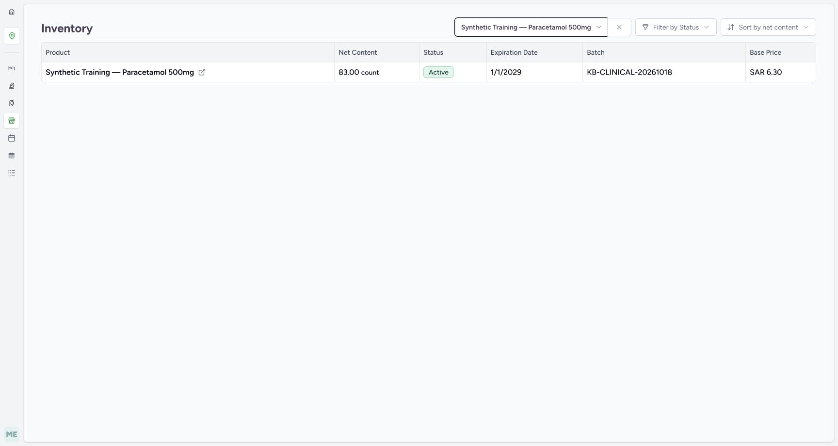 Filtered inventory shows the original Paracetamol batch KB-CLINICAL-20261018 at 83 count, with base price SAR 6.30.
