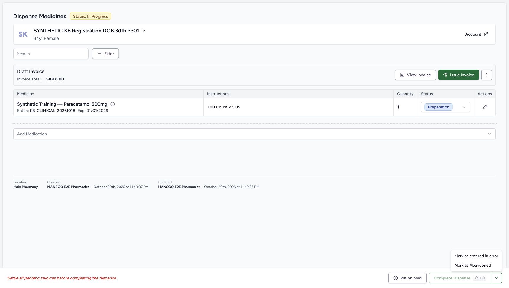 The order footer split menu offers Mark as entered in error and Mark as Abandoned as separate actions.
