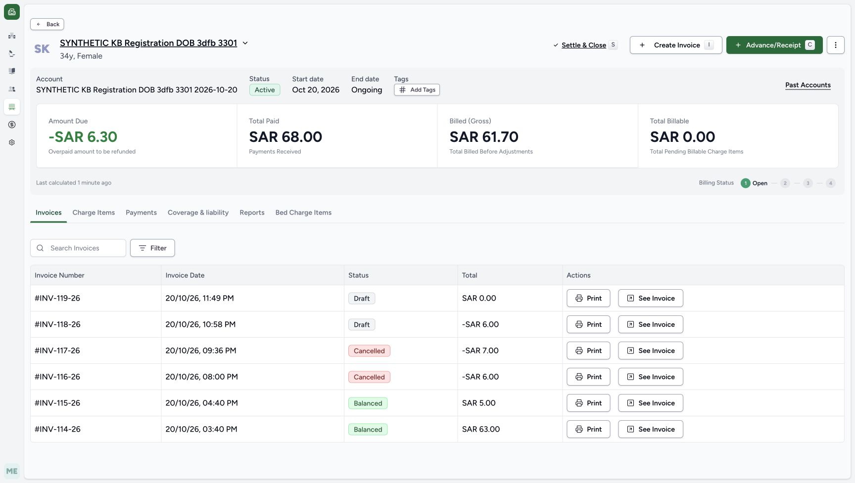 The account shows minus SAR 6.30 due, SAR 68.00 paid and SAR 61.70 gross. INV-119-26 remains Draft at zero; earlier invoices retain their own statuses.