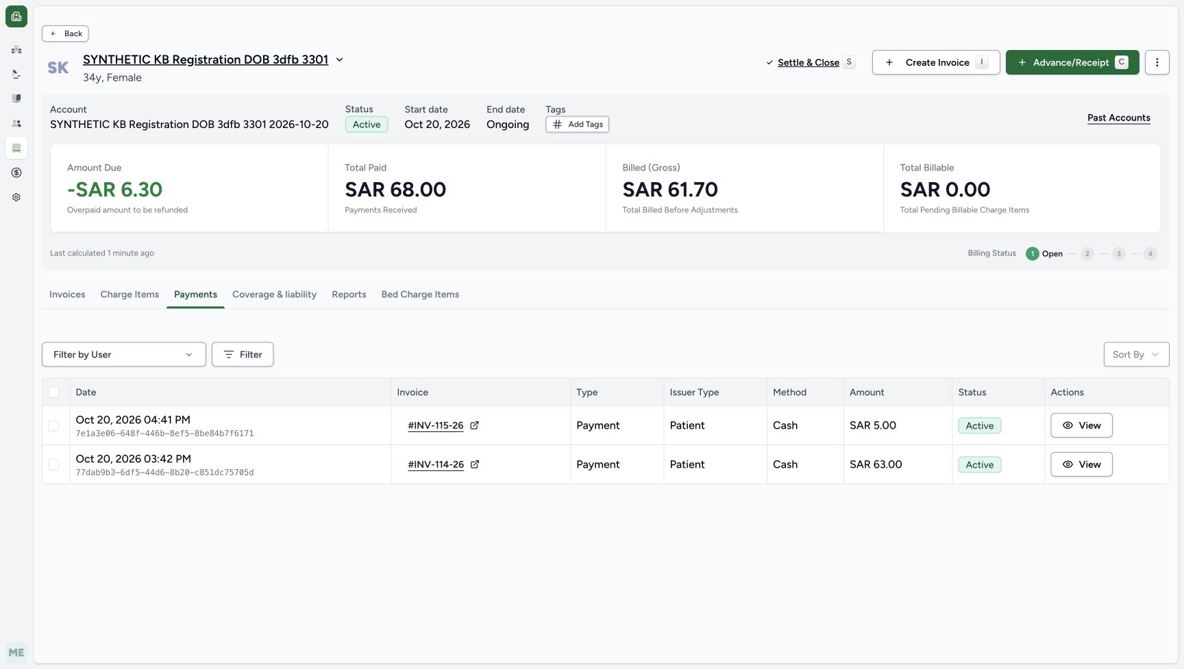 Payments shows the original active Cash records of SAR 5.00 and SAR 63.00, with total paid SAR 68.00.