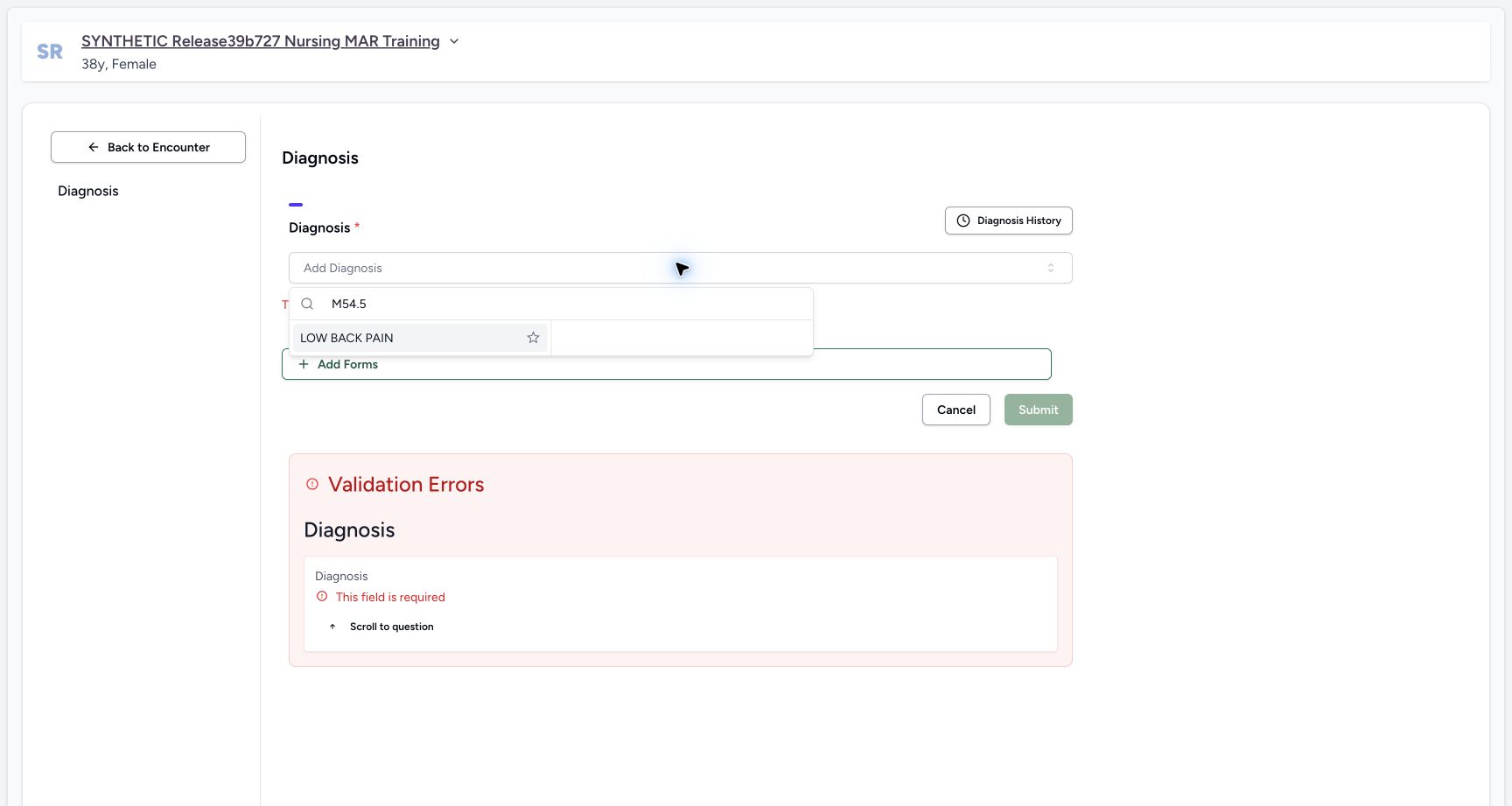 Select an installed diagnosis terminology result. Actual MANSOQ desktop with a fictional training case.