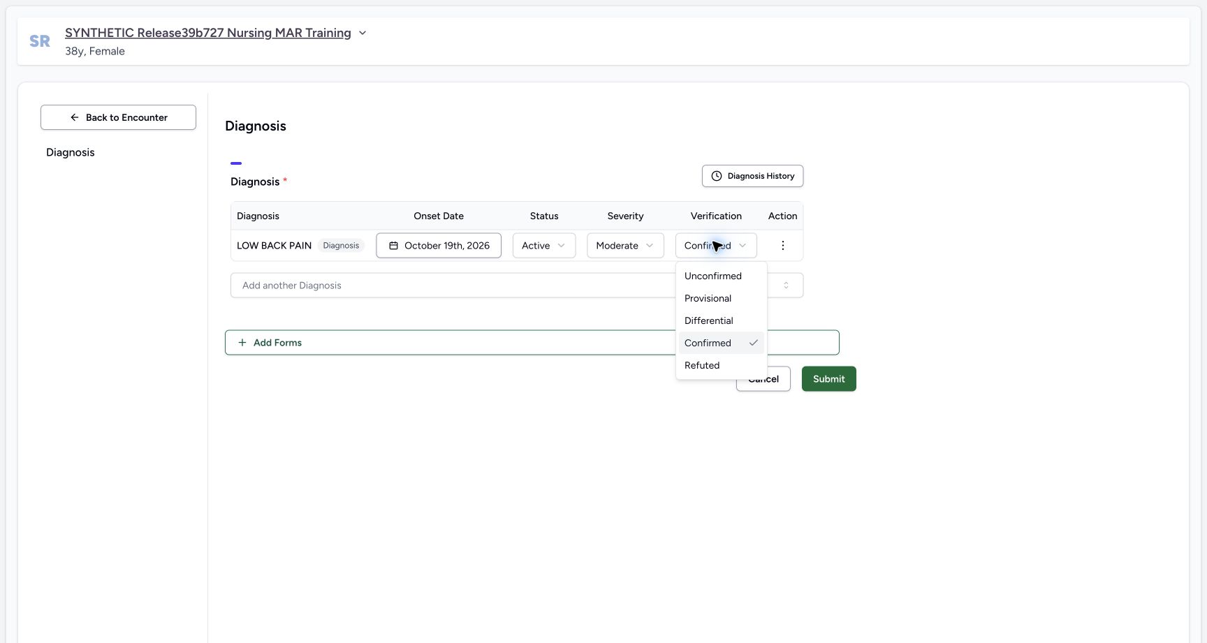 New diagnosis verification choices. Actual MANSOQ desktop with a fictional training case.