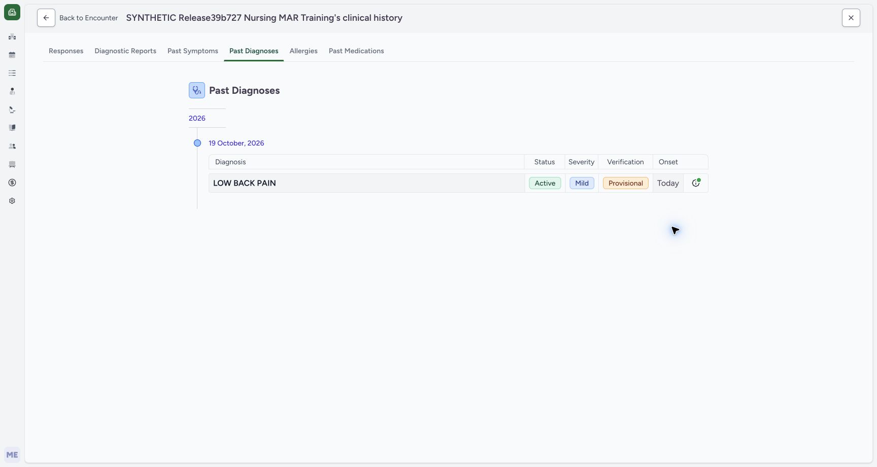 Patient diagnosis history and its scope. Actual MANSOQ desktop with a fictional training case.