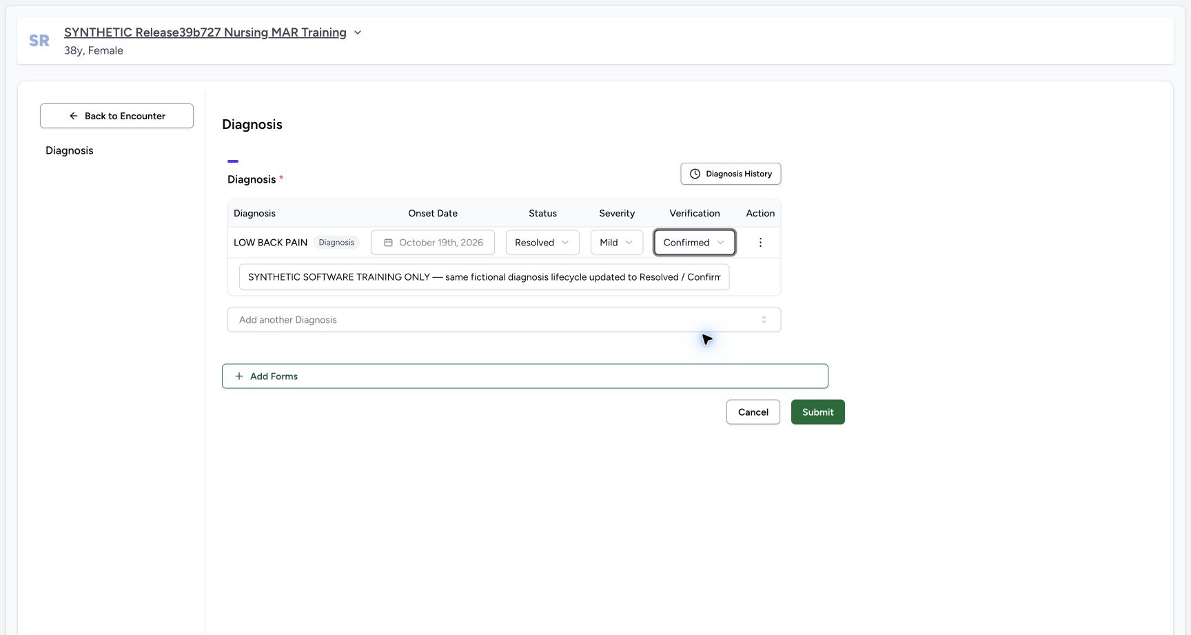 Review a diagnosis lifecycle update. Actual MANSOQ desktop with a fictional training case.