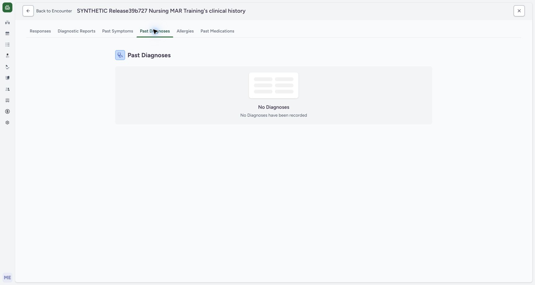 Past Diagnoses omits the retained resolved condition. Actual MANSOQ desktop with a fictional training case.