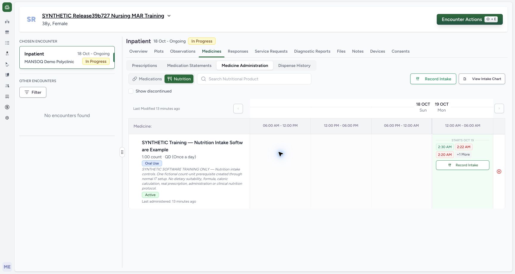 Verify cancellation leaves the request active. Actual MANSOQ desktop with a fictional training case.
