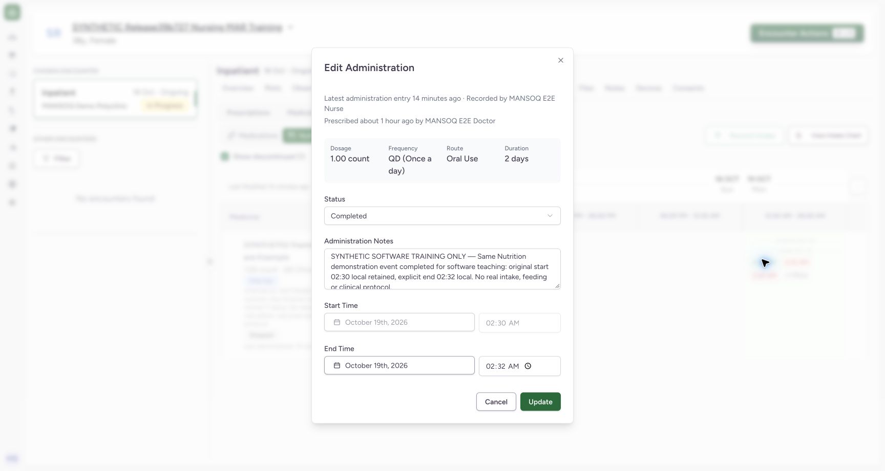 Distinguish request discontinuation from saved intake status. Actual MANSOQ desktop with a fictional training case.