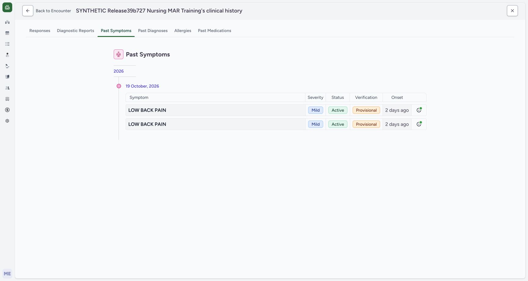 Patient Past Symptoms retains both source and current copy. Actual MANSOQ desktop with a fictional training case.