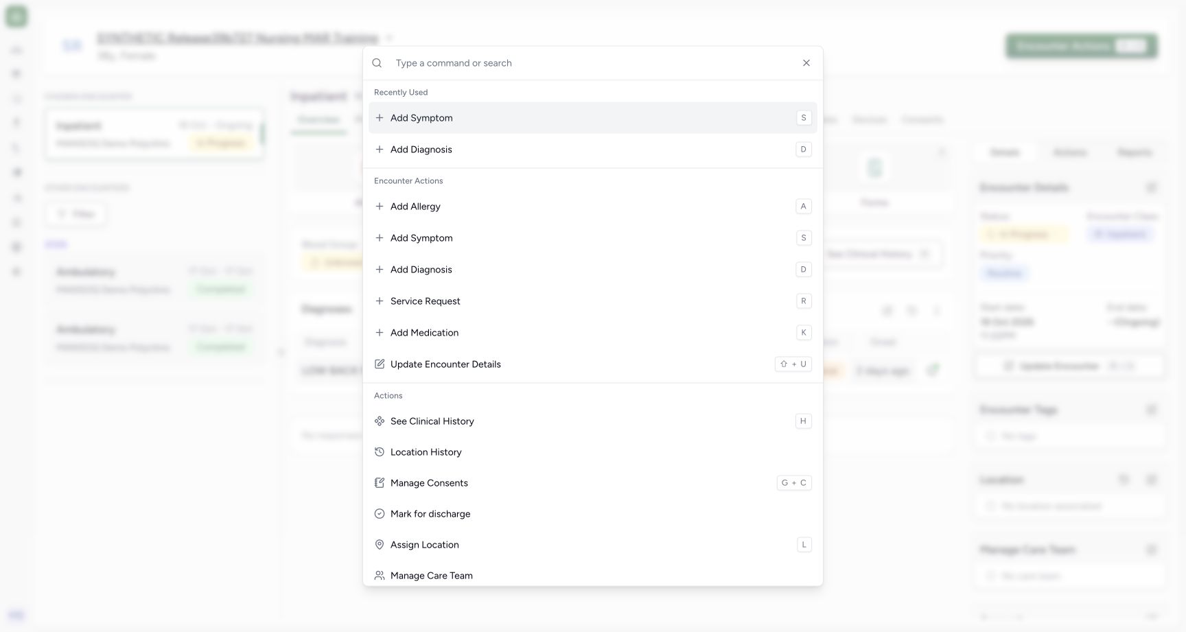 Use Add Symptom to reopen the retained corrected record. Actual MANSOQ desktop with a fictional training case.