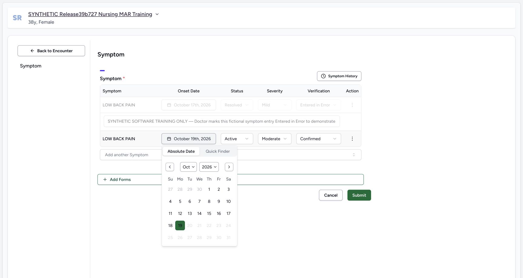 New symptom onset calendar supports past dates and disables future dates. Actual MANSOQ desktop with a fictional training case.
