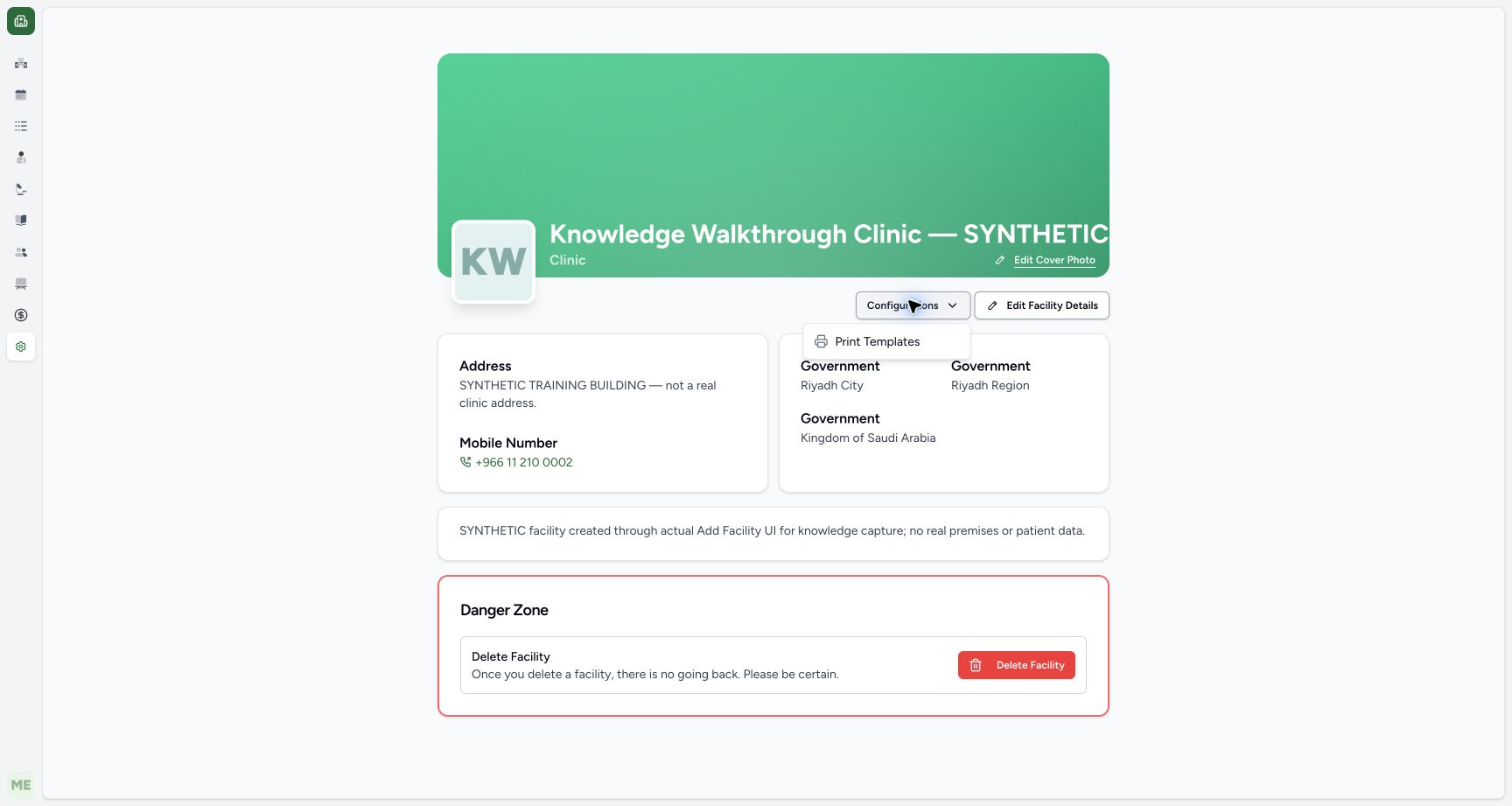 Open the fictional Clinic print-template configuration. Actual authorized fictional Clinic print-template setup.
