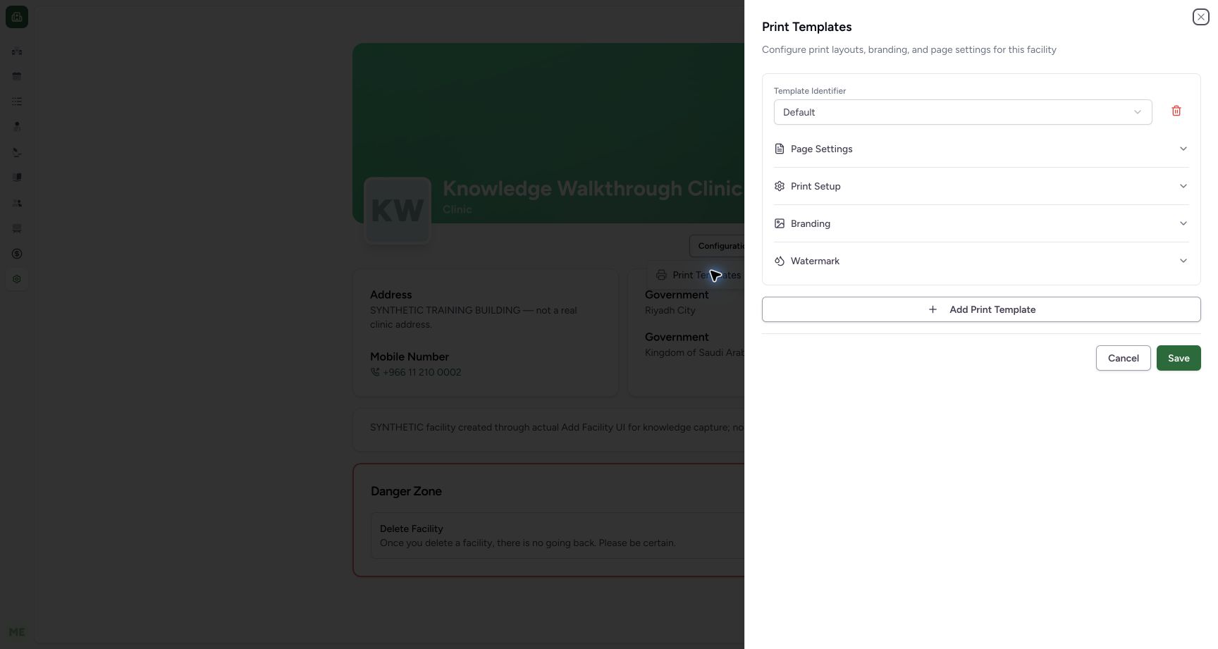 Inspect the existing Default template. Actual authorized fictional Clinic print-template setup.