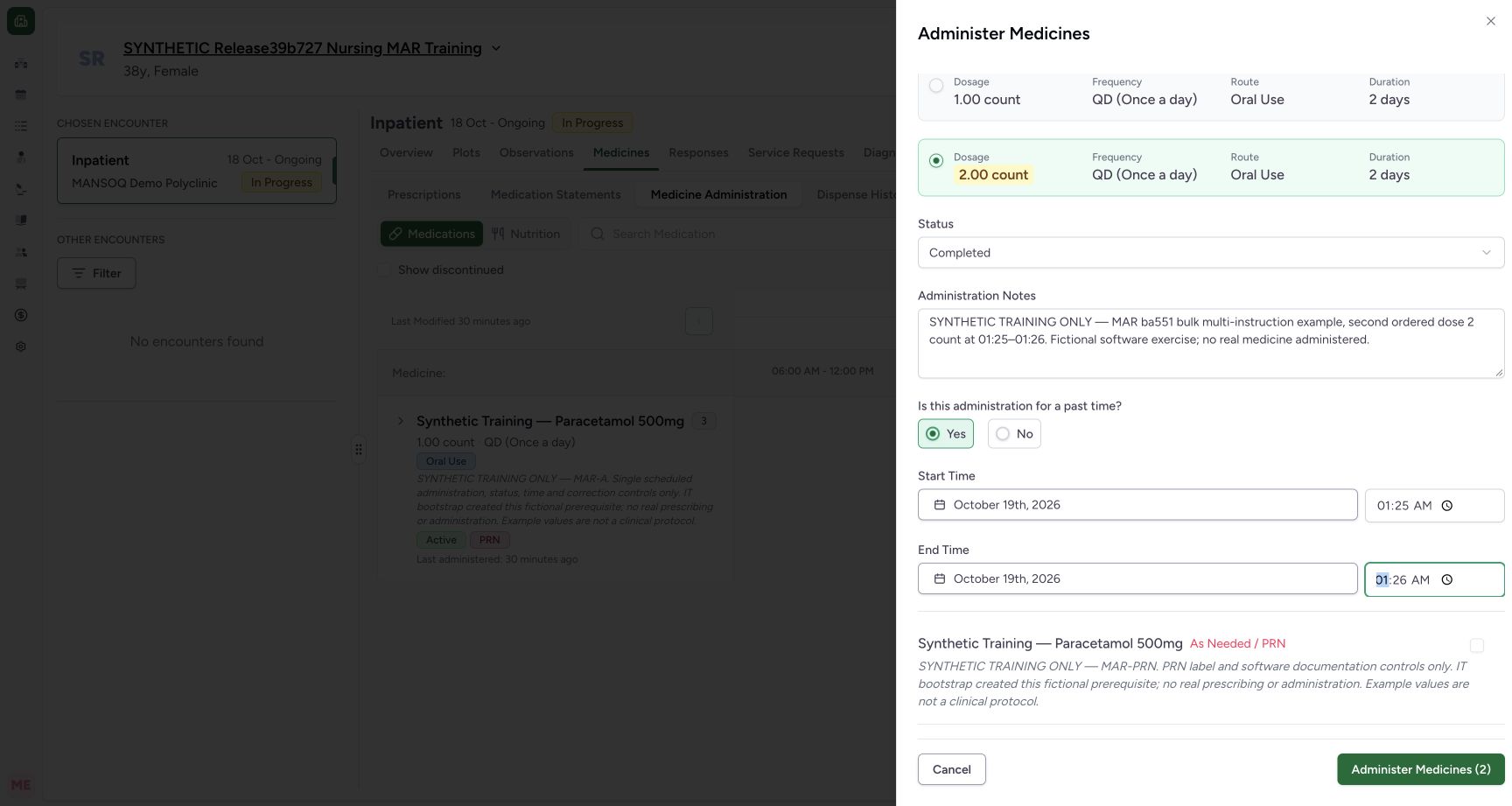 Review both selected forms and save once. Actual MANSOQ desktop with a fictional training case.