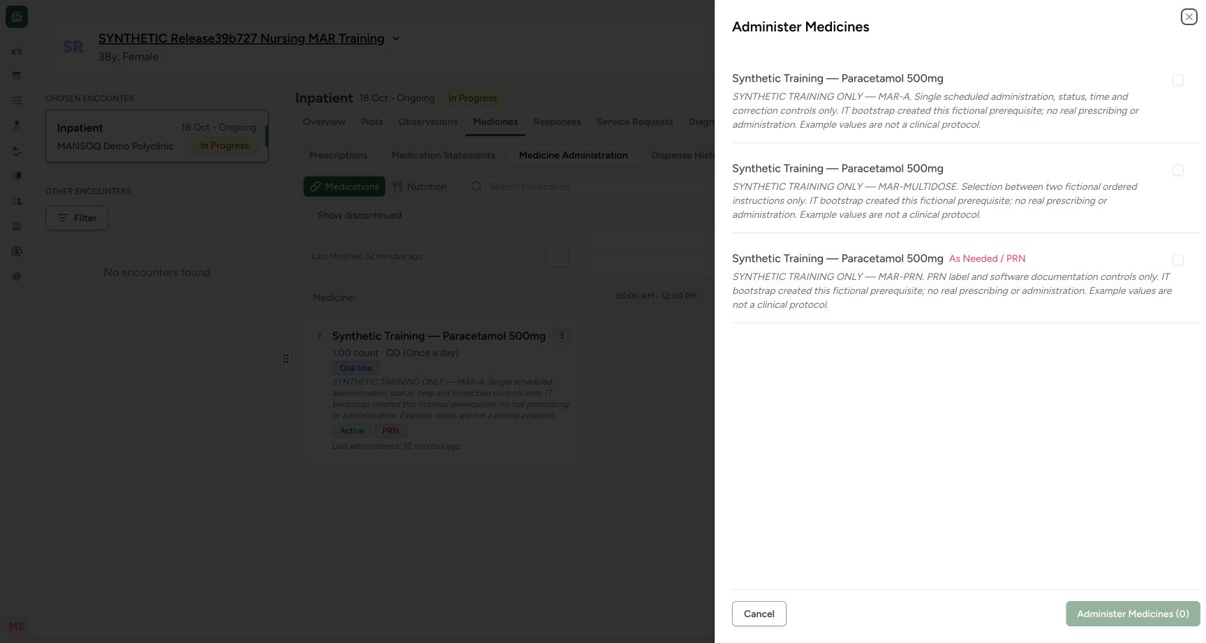 Recognize that a reopened bulk sheet starts empty. Actual MANSOQ desktop with a fictional training case.