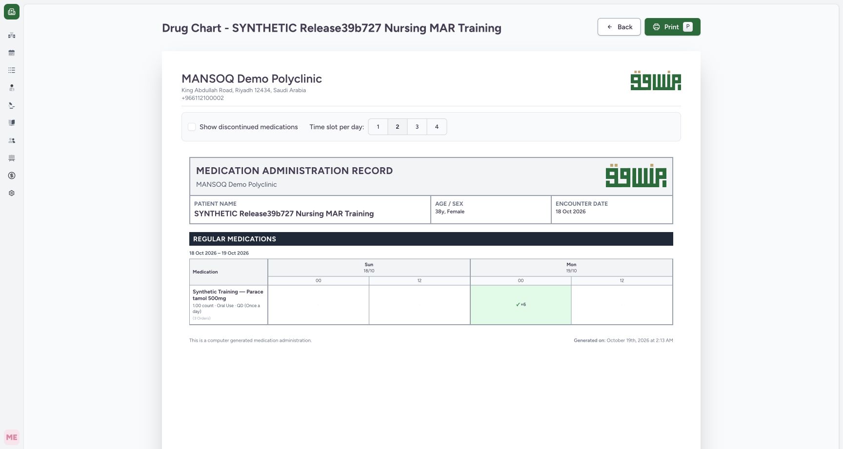 Display two twelve-hour chart slots. Actual MANSOQ desktop with a fictional training case.