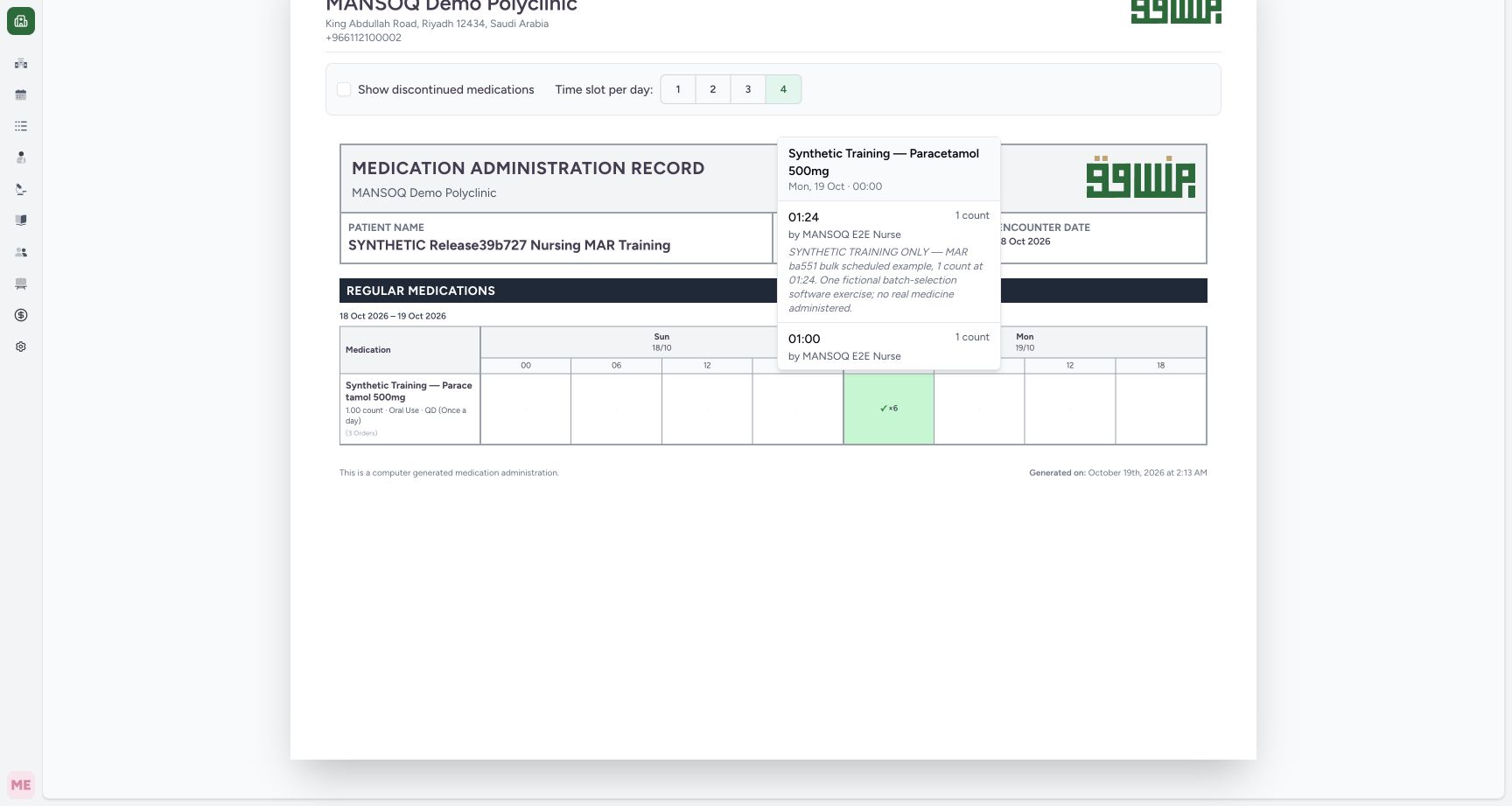 Inspect completed-event details in the chart cell. Actual MANSOQ desktop with a fictional training case.