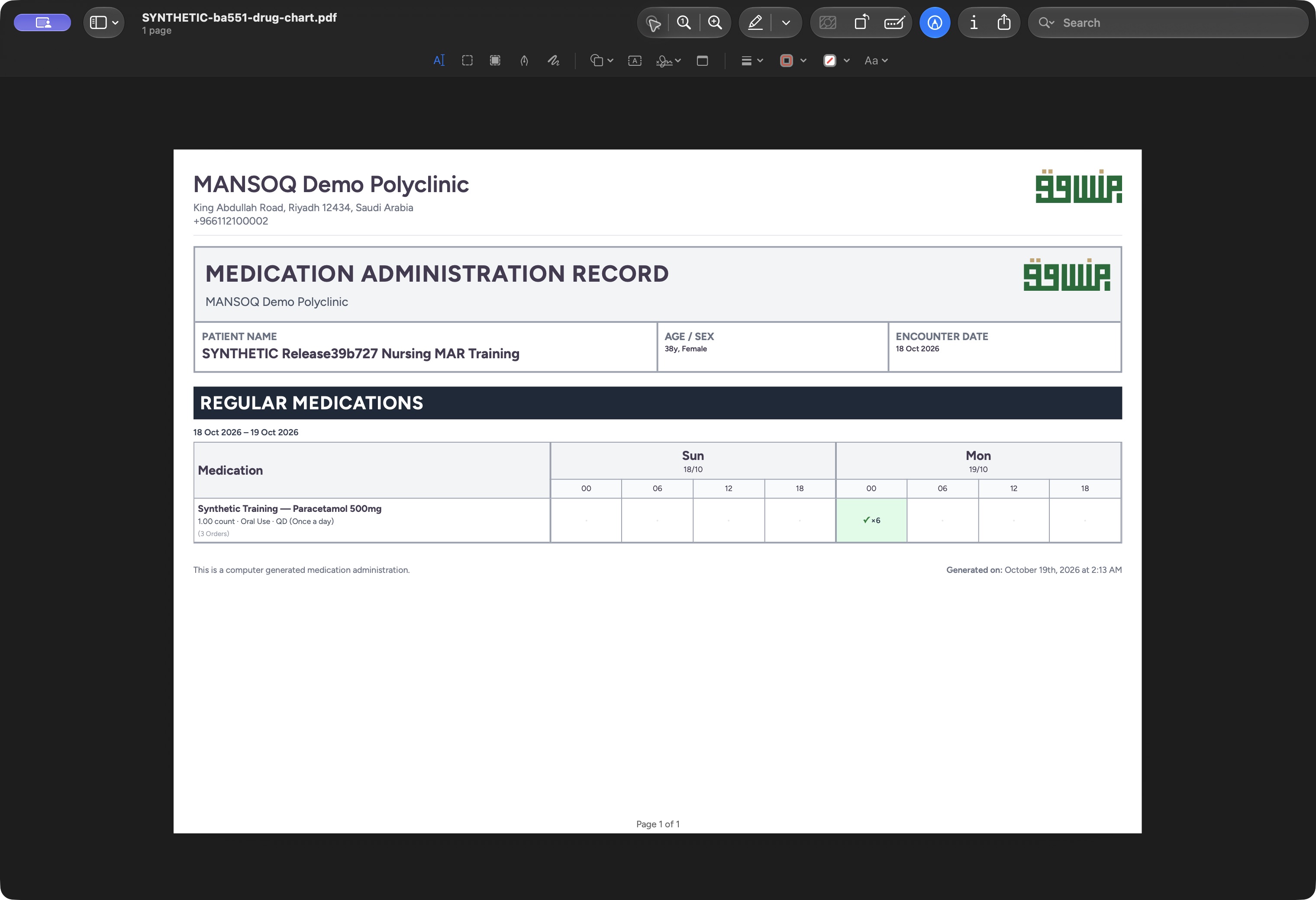 Actual saved one-page drug chart PDF open in macOS Preview, showing the fictional patient, chart dates, six completed events and page footer.