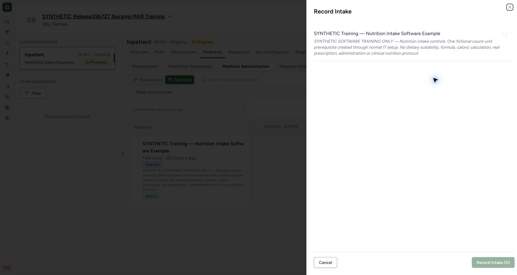 Select the exact nutritional-product order. Actual MANSOQ desktop with a fictional training case.