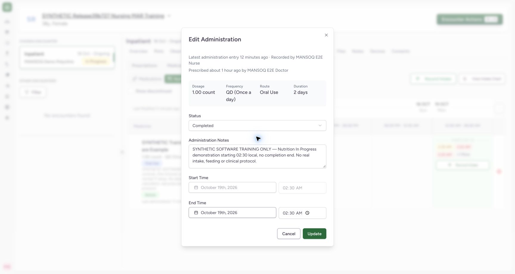 Review the automatically initialized completion end. Actual MANSOQ desktop with a fictional training case.