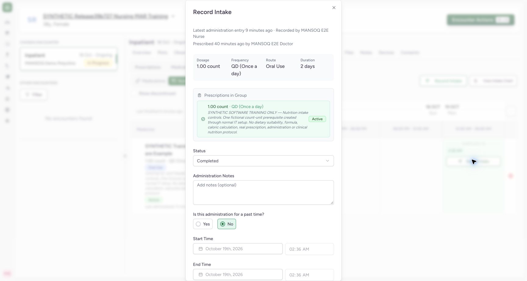 Review the individual intake draft. Actual MANSOQ desktop with a fictional training case.